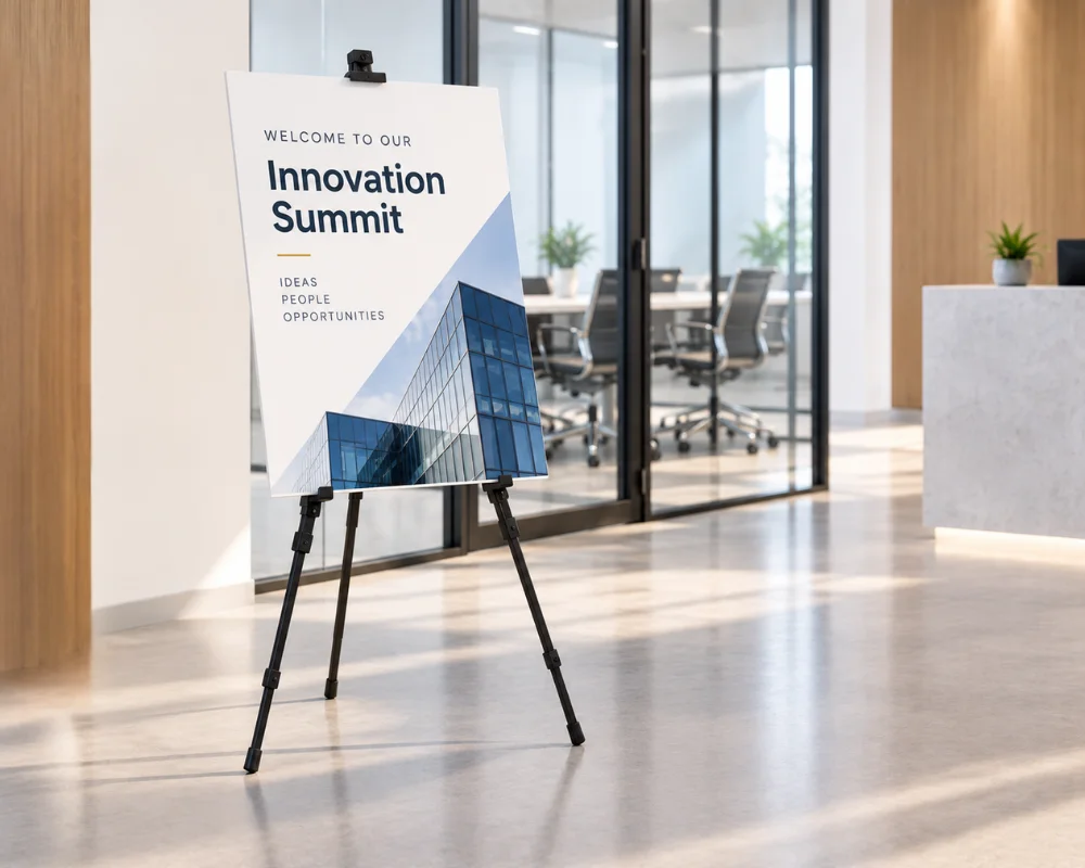 Indoor sign stands displaying event and business information