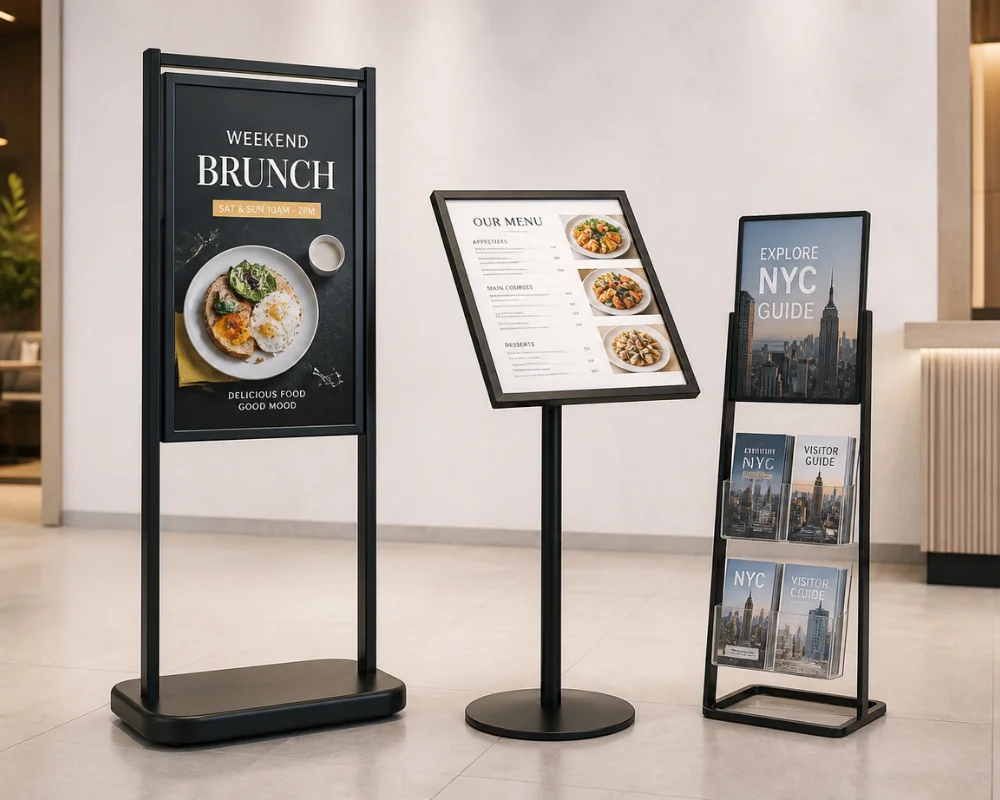Promotional display stands for menus and visitor information