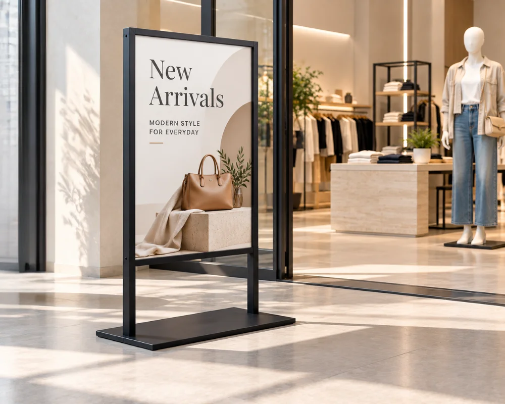 Retail display stands for storefront promotional signage