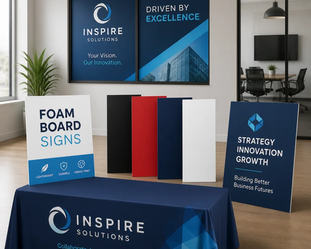 Foam board signage displayed in a modern office setting