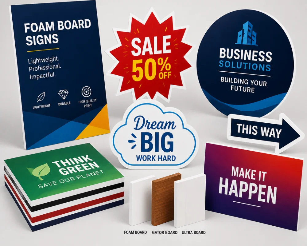 Foam board signs displayed on an easel for presentations