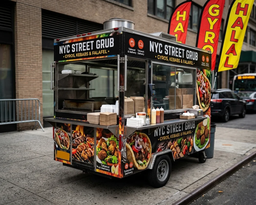 Custom food cart graphics with restaurant branding