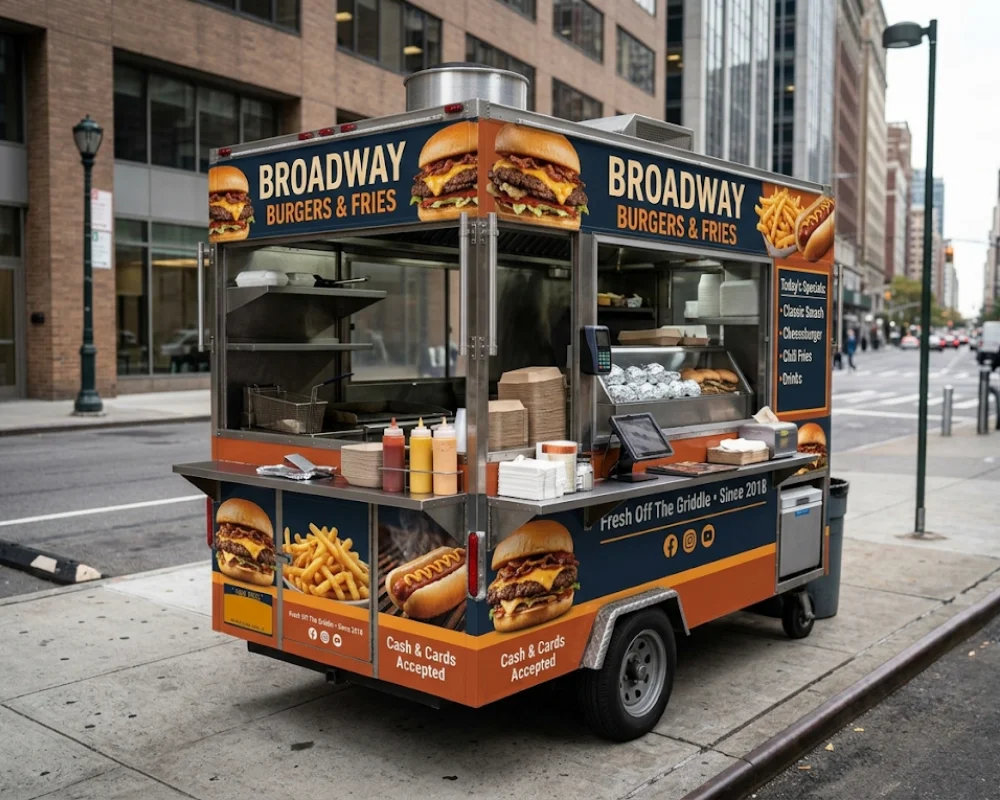 Custom food cart wraps featuring burger and fries graphics