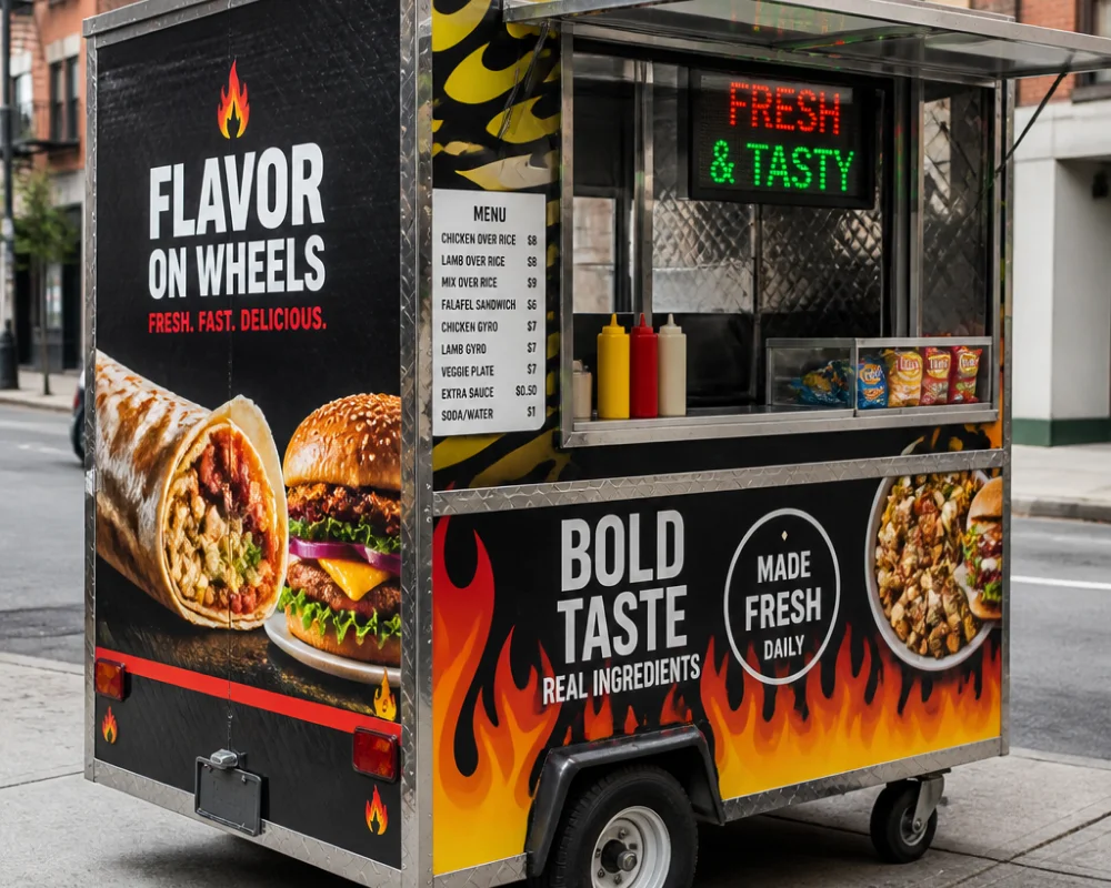 Food truck vinyl wrap with bold graphics and branding