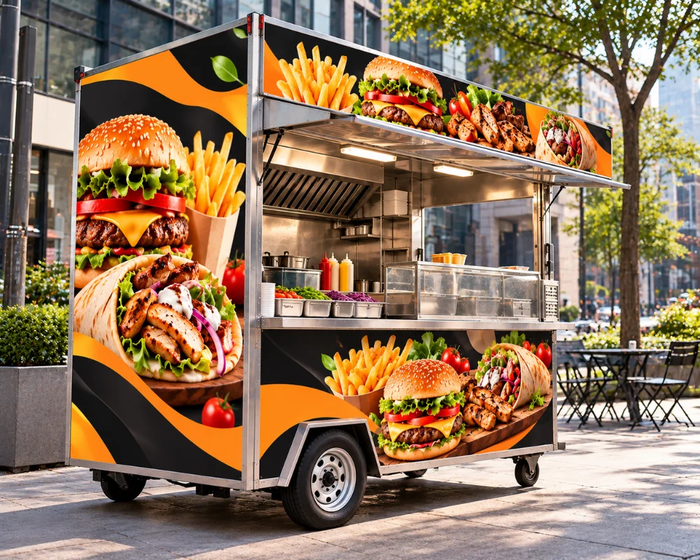Mobile food truck wraps with colorful food graphics