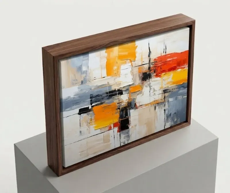 Framed canvas abstract art with colorful geometric design