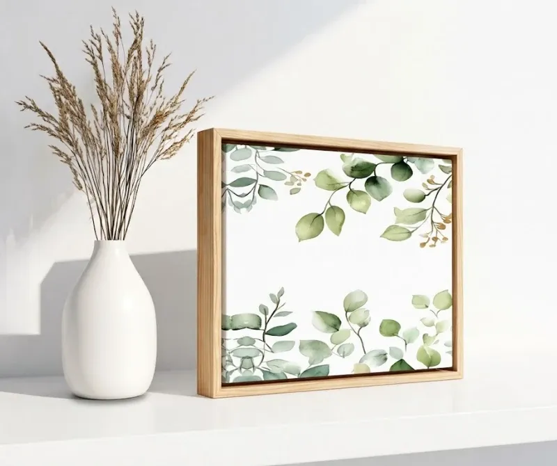 Framed canvas botanical wall art with green leaf design