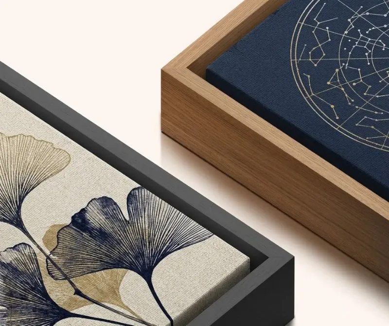 Decorative framed canvas art with botanical and celestial designs