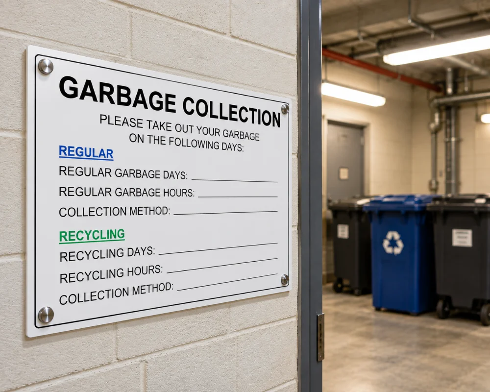 Building garbage and recycling schedule sign