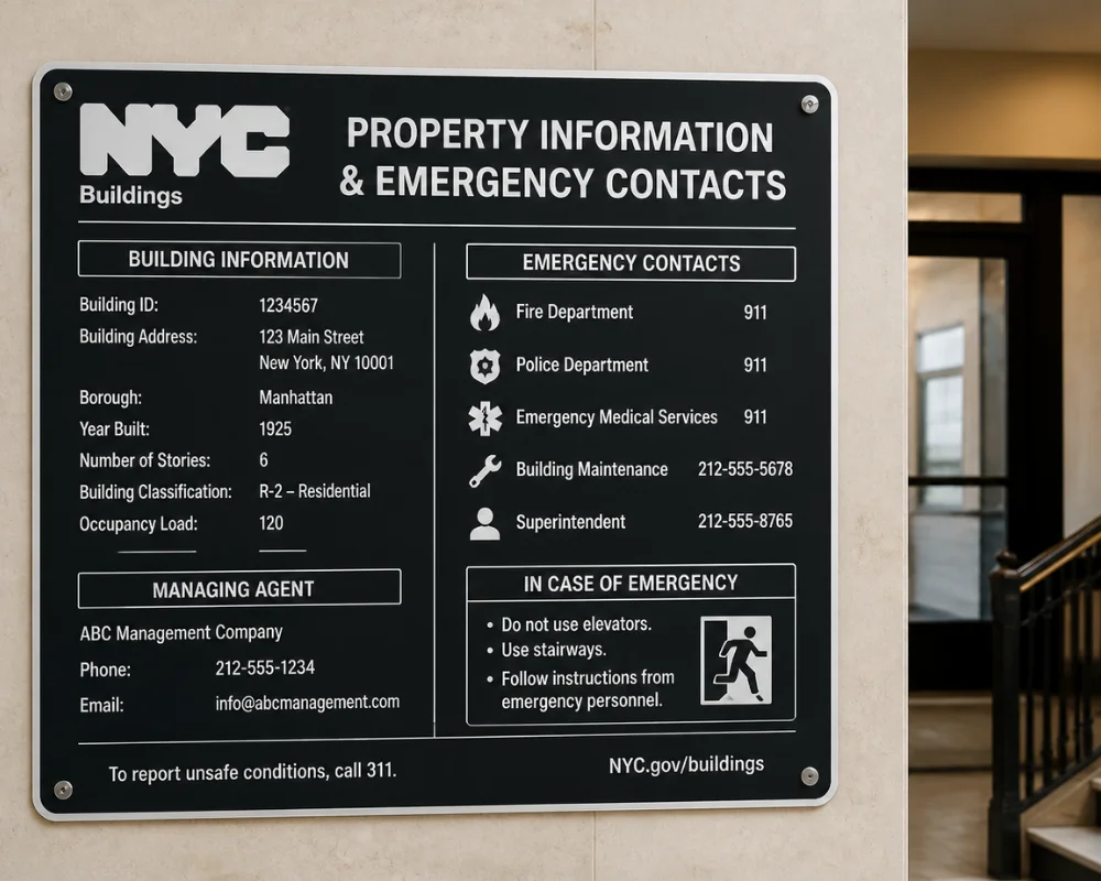 Custom HPD signs with building registration and emergency details