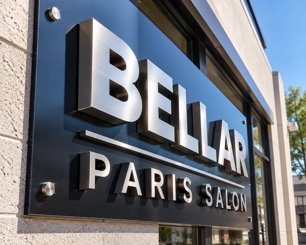 Aluminum letter signs with raised metal letters for a salon