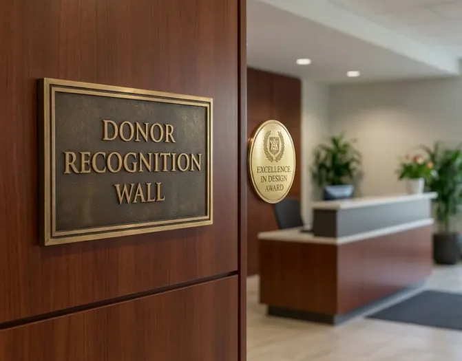 Donor recognition metal plaque displayed in office lobby.