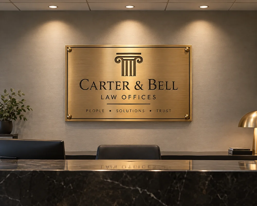 Brass business metal sign in a professional office
