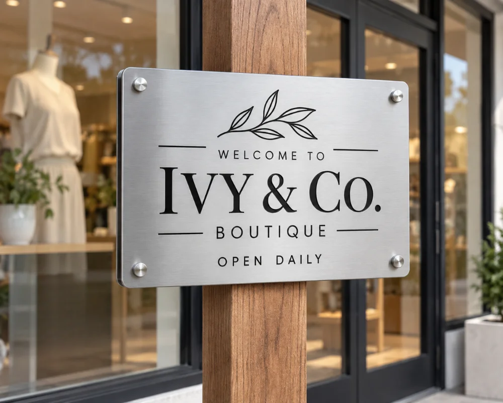 Brushed steel business metal sign with custom lettering