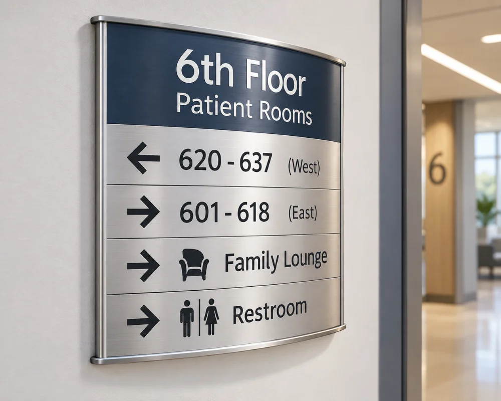 Custom steel sign for interior business wayfinding