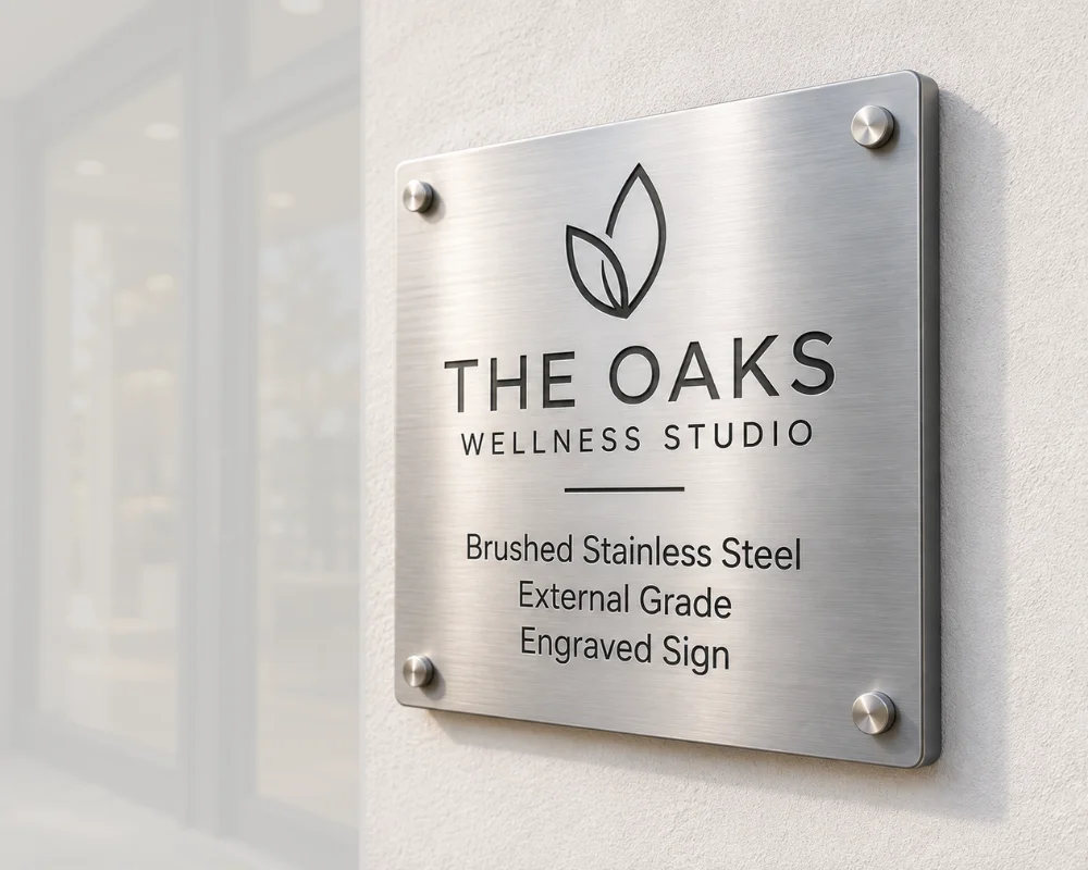 Engraved metal sign for exterior business signage