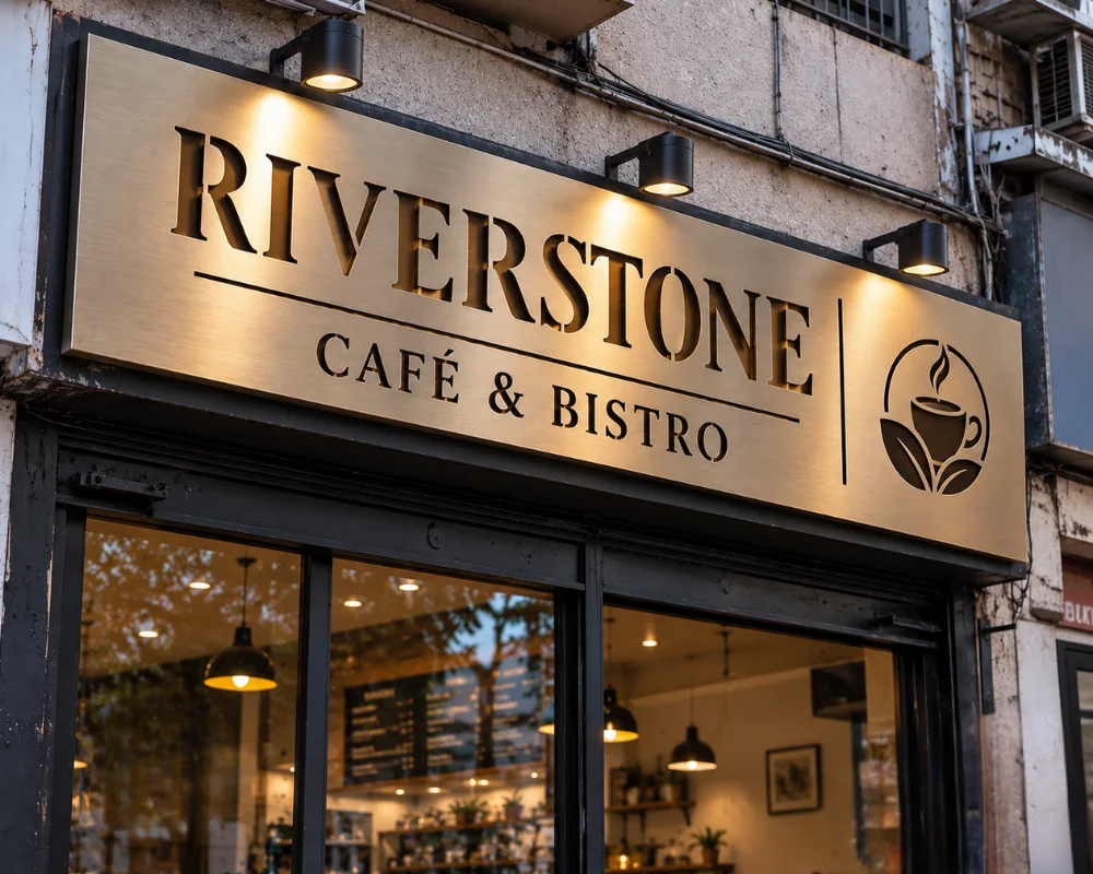 Exterior metal sign for a restaurant storefront