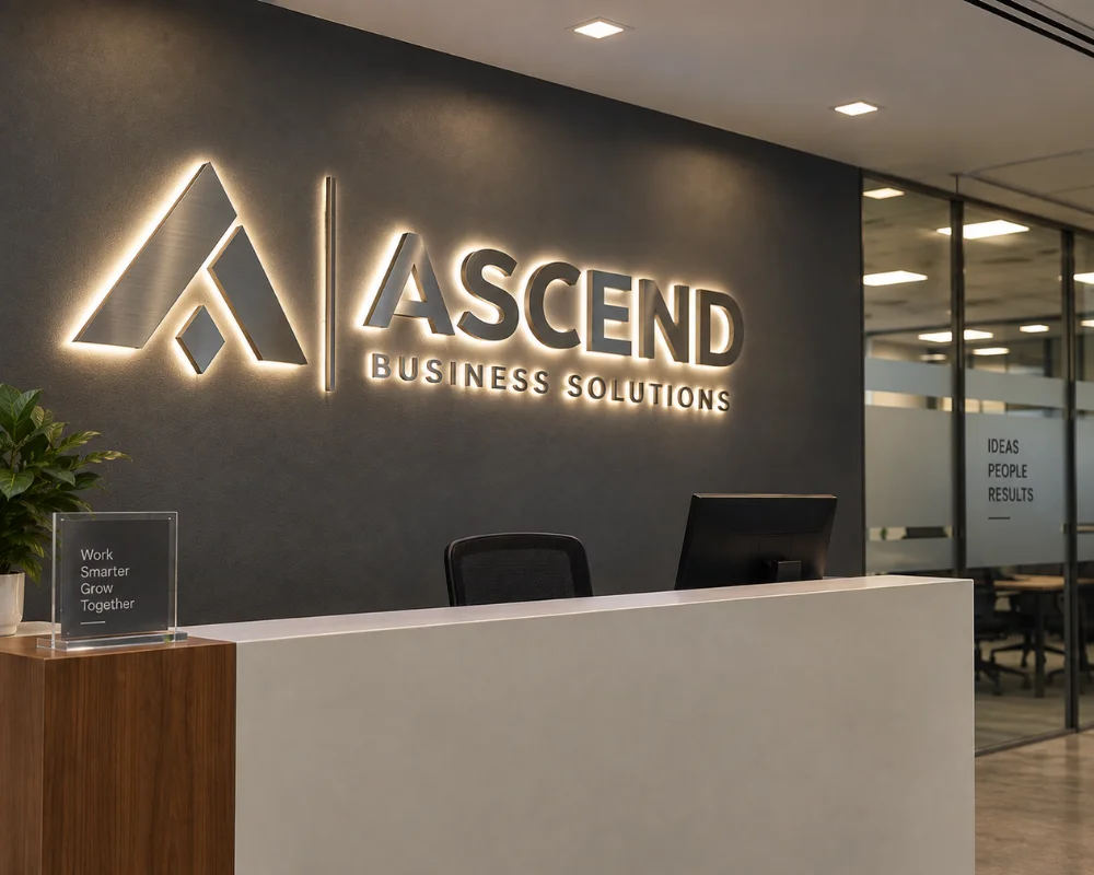 Metal lettering signs displayed on a reception wall