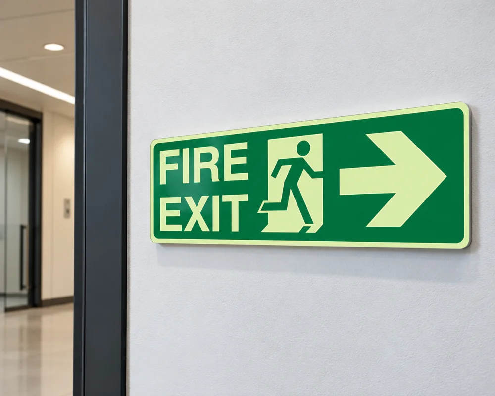 Green fire evacuation sign directing people toward an emergency exit