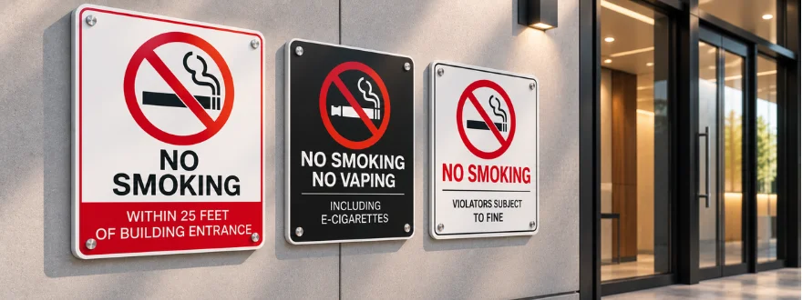 No smoking signs with clear smoking and vaping restrictions for buildings