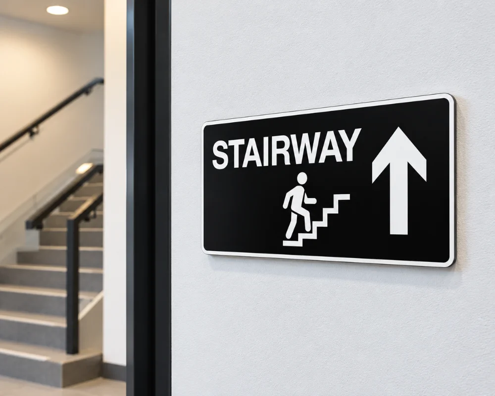 Stairwell directional sign guiding people toward emergency stairs