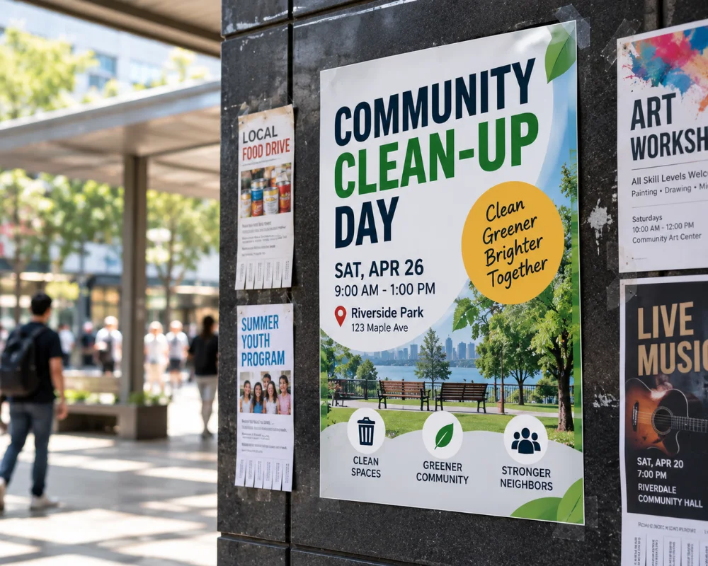 Paper displays promoting a community cleanup event