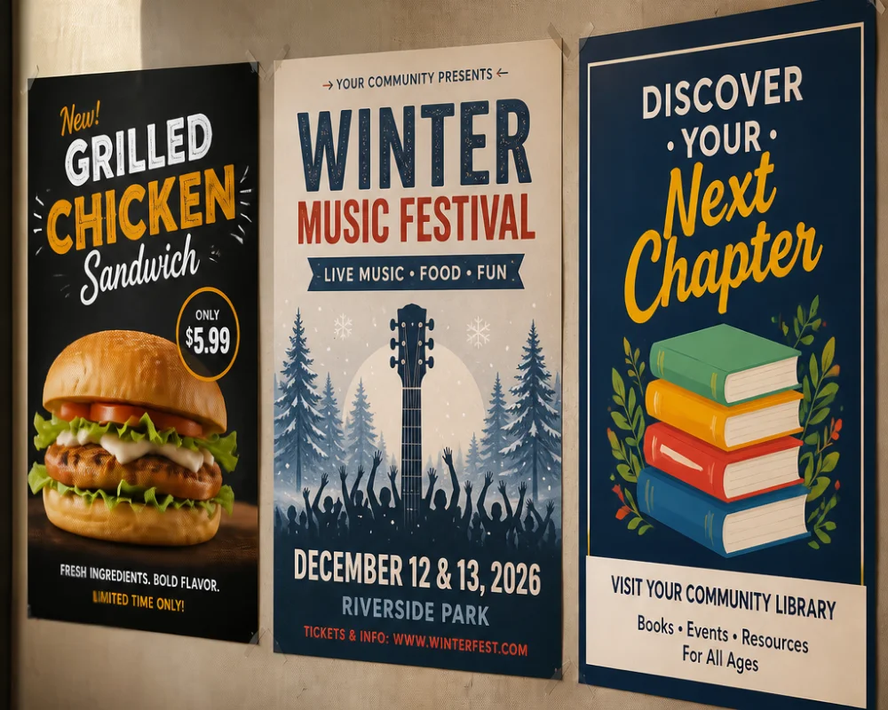 Paper poster signs for food promotions and community events
