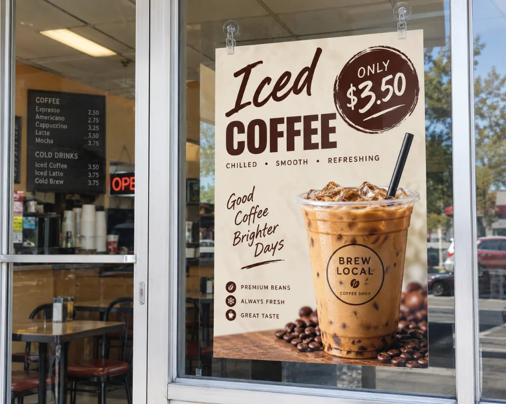 Printed paper signs advertising an iced coffee special