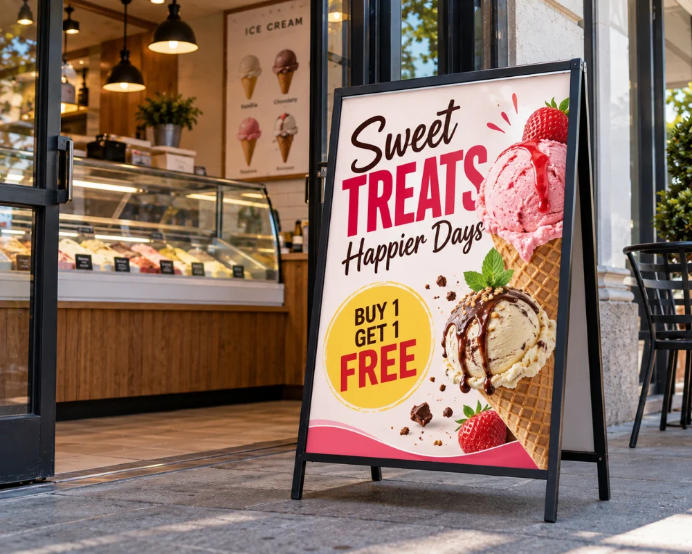 Printed posters promoting an ice cream special outside a shop