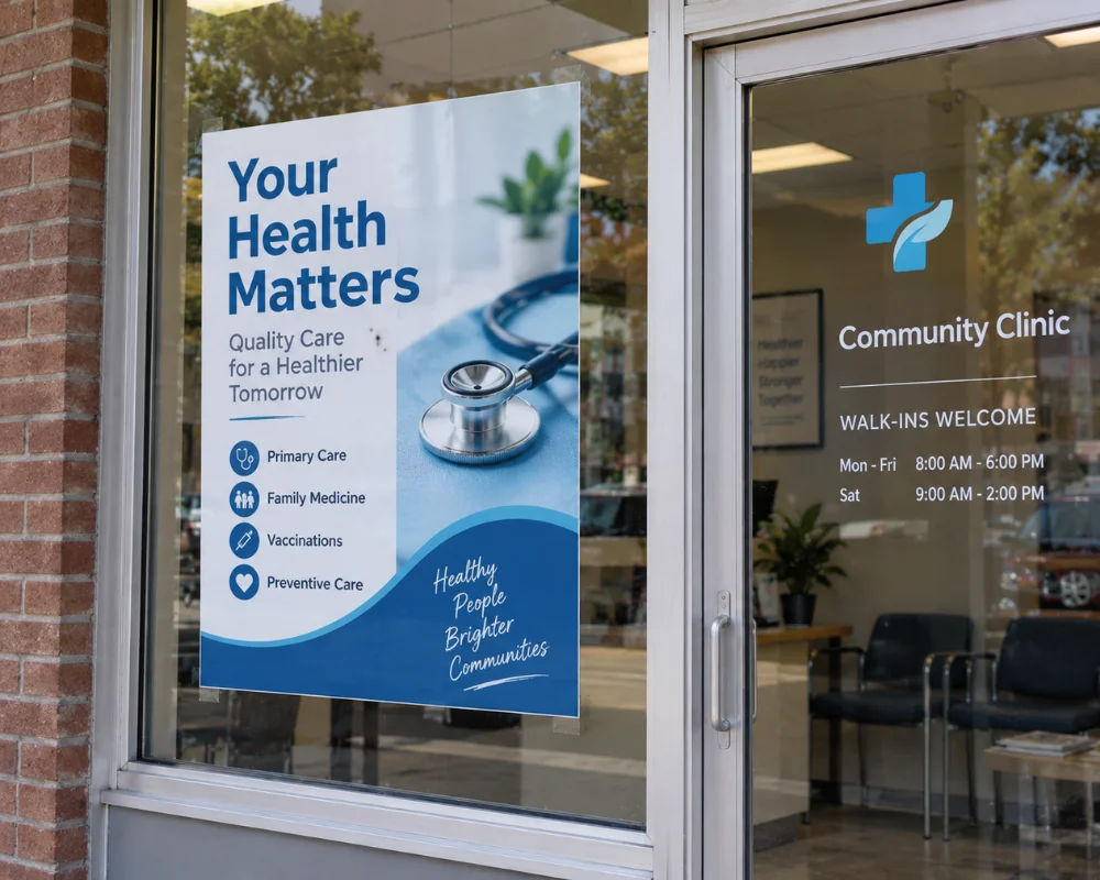Promotional posters displayed in a healthcare storefront