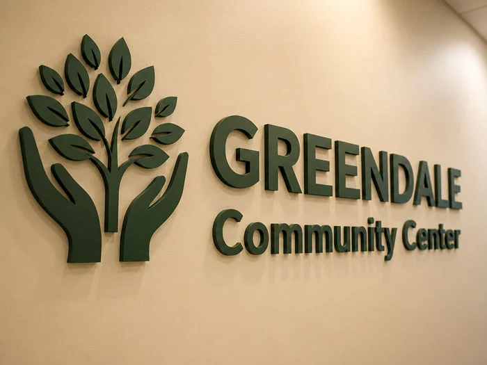 Acrylic letter signs mounted on office reception wall
