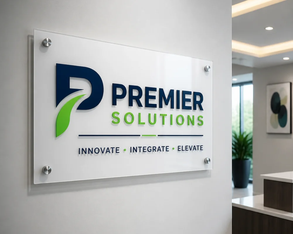 Custom plastic signage displaying a business logo indoors