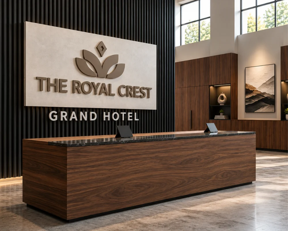 Rigid plastic signage with raised lettering for a hotel lobby