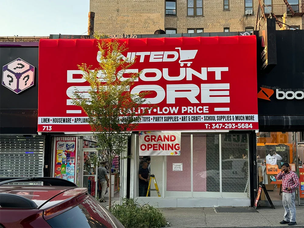 Large storefront awning for retail discount store