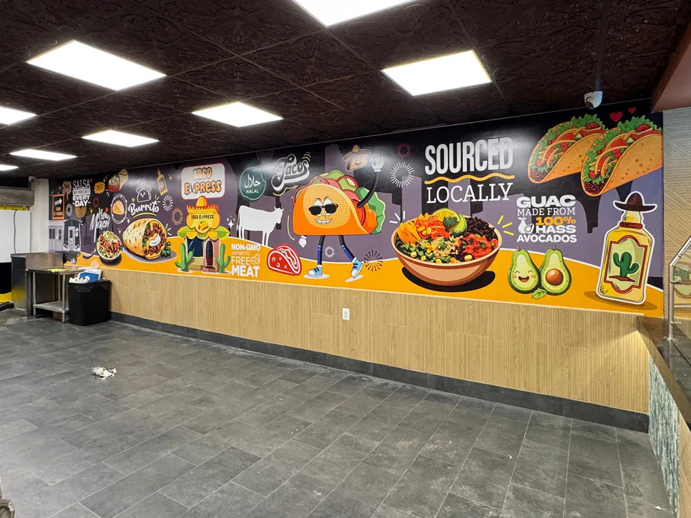 Food court wall mural with colorful branding