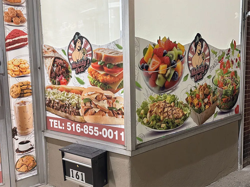 Food window graphics for restaurant storefront