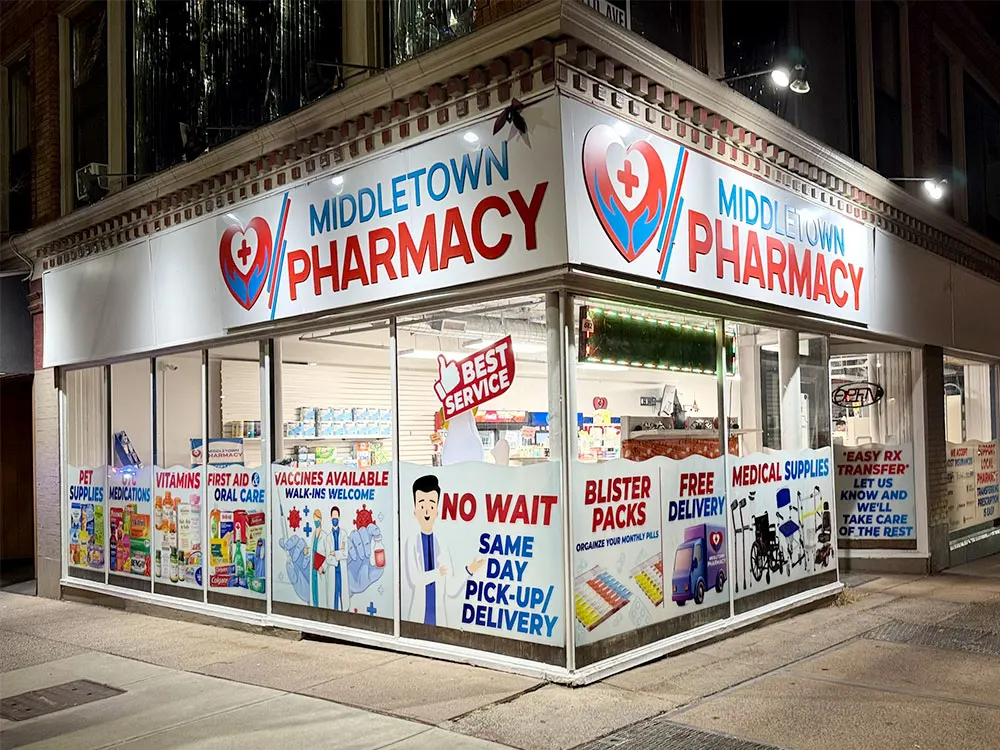Pharmacy storefront branding with window graphics