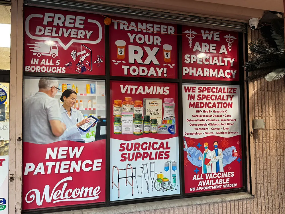 Pharmacy window graphics for storefront branding
