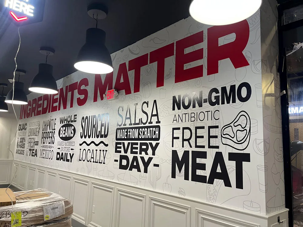 Restaurant wall graphics with custom typography
