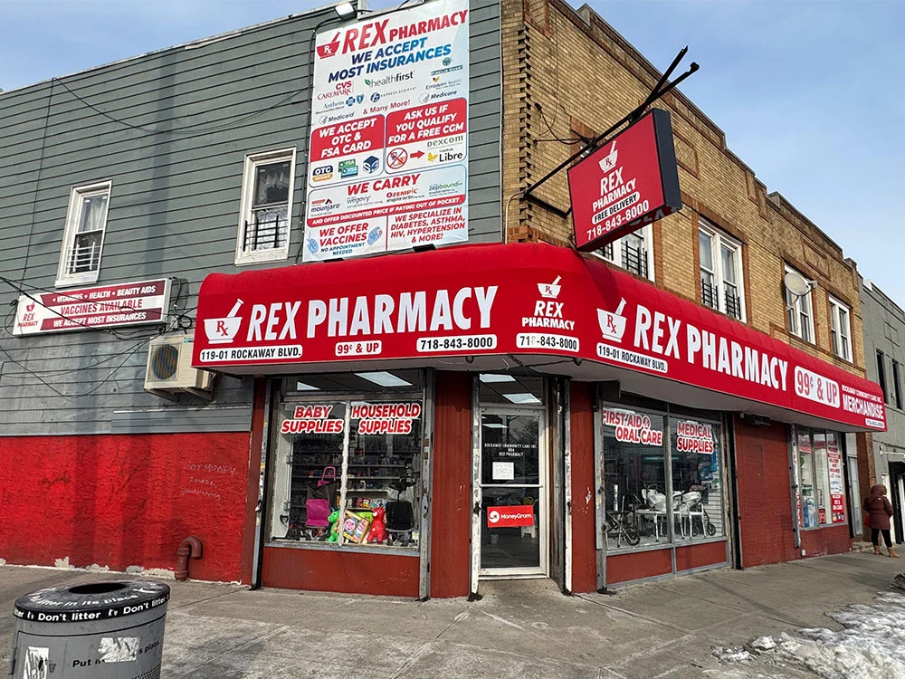Custom pharmacy awning for corner storefront