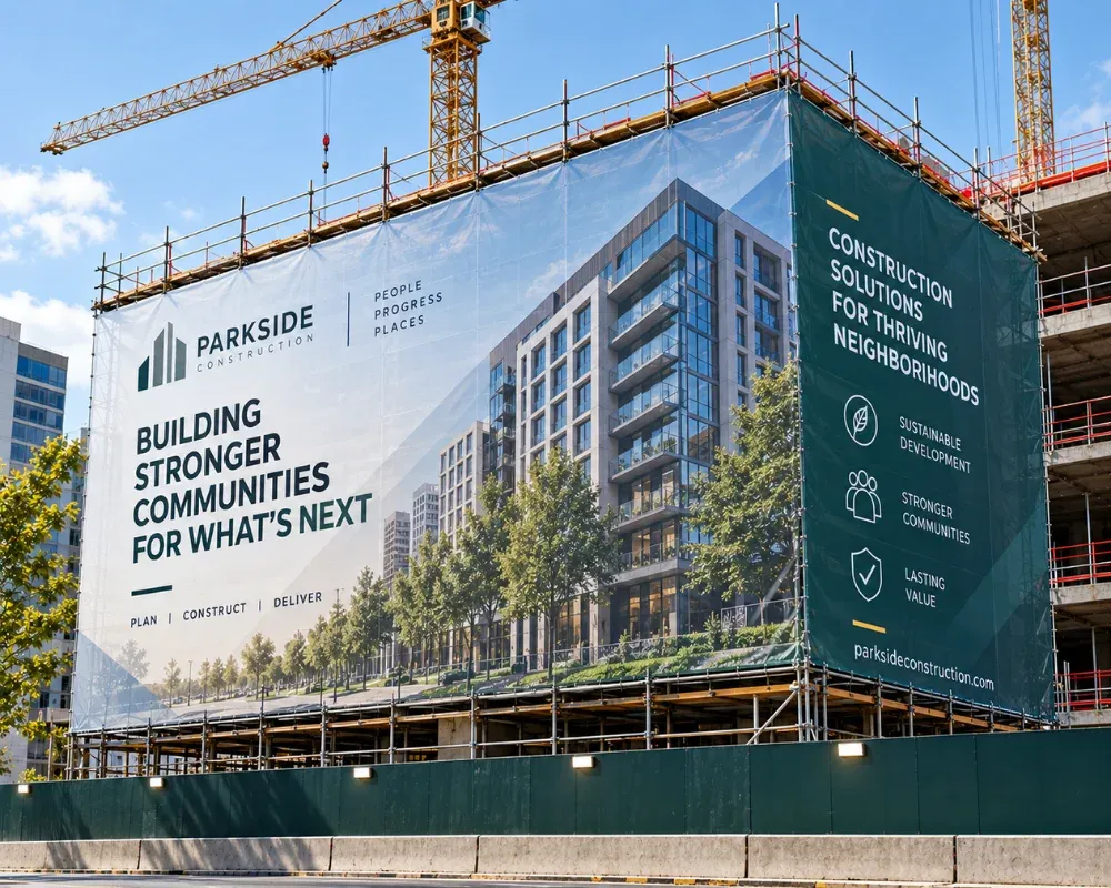 Building wraps with custom graphics on construction scaffolding