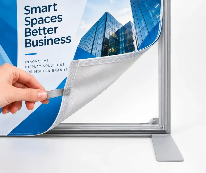 Custom SEG fabric graphic displayed on a window frame.