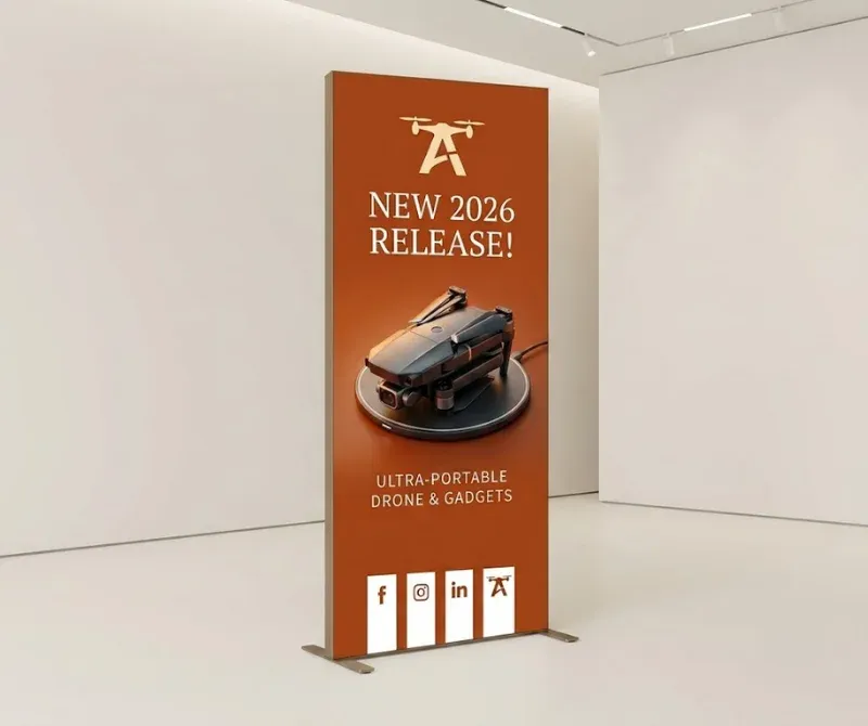 SEG fabric display stand with custom printed graphic.