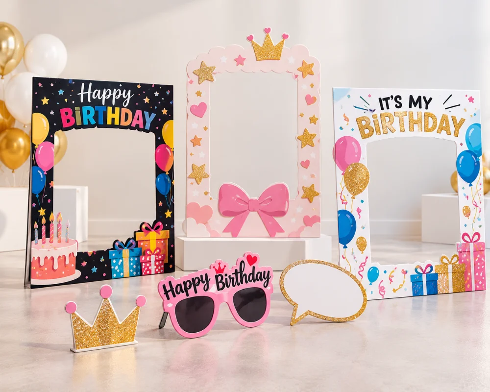 Party photo frames and selfie props for birthday celebrations