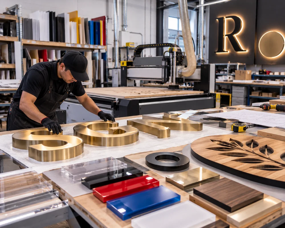 Custom sign fabrication services creating dimensional letters and branded signage
