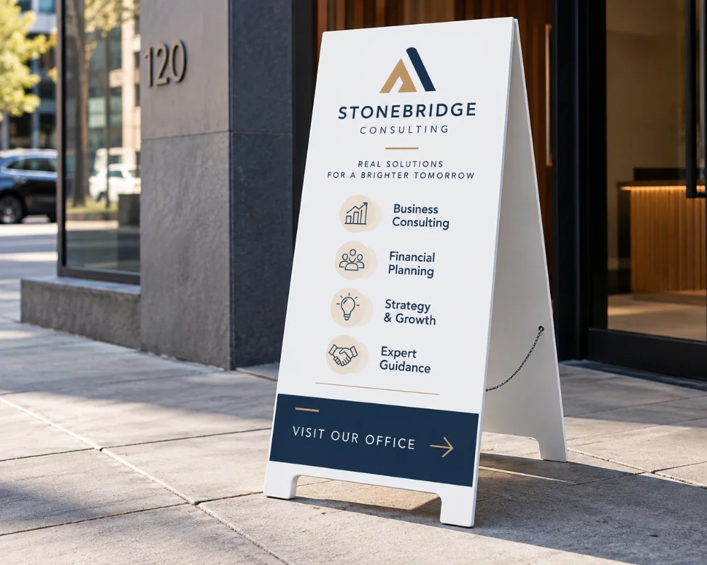 Business sidewalk A-frame sign promoting office services