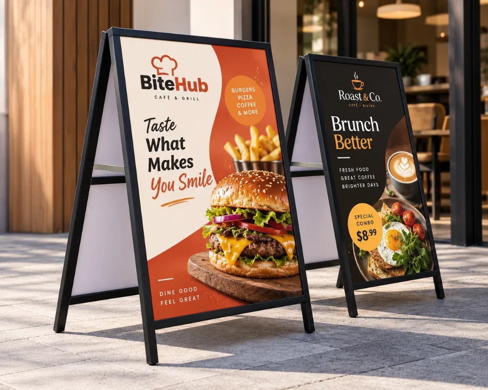 Custom sidewalk A-frame signs for restaurant advertising