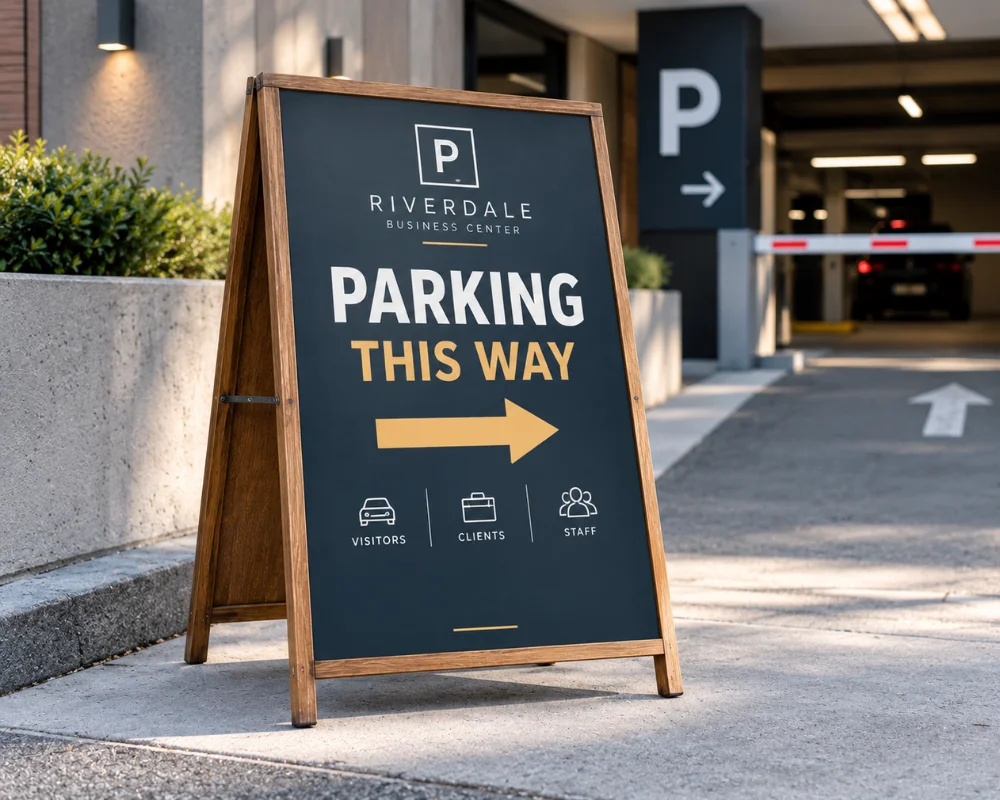 Sidewalk A-frame sign directing visitors toward parking
