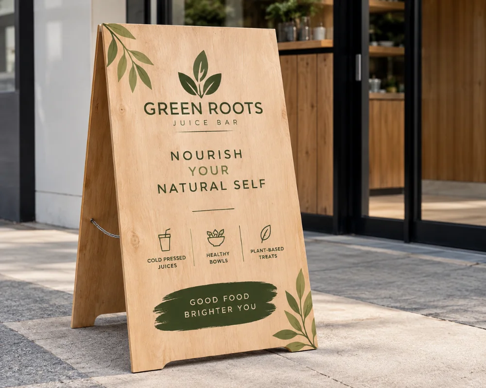 Wooden sidewalk A-frame sign for a juice bar