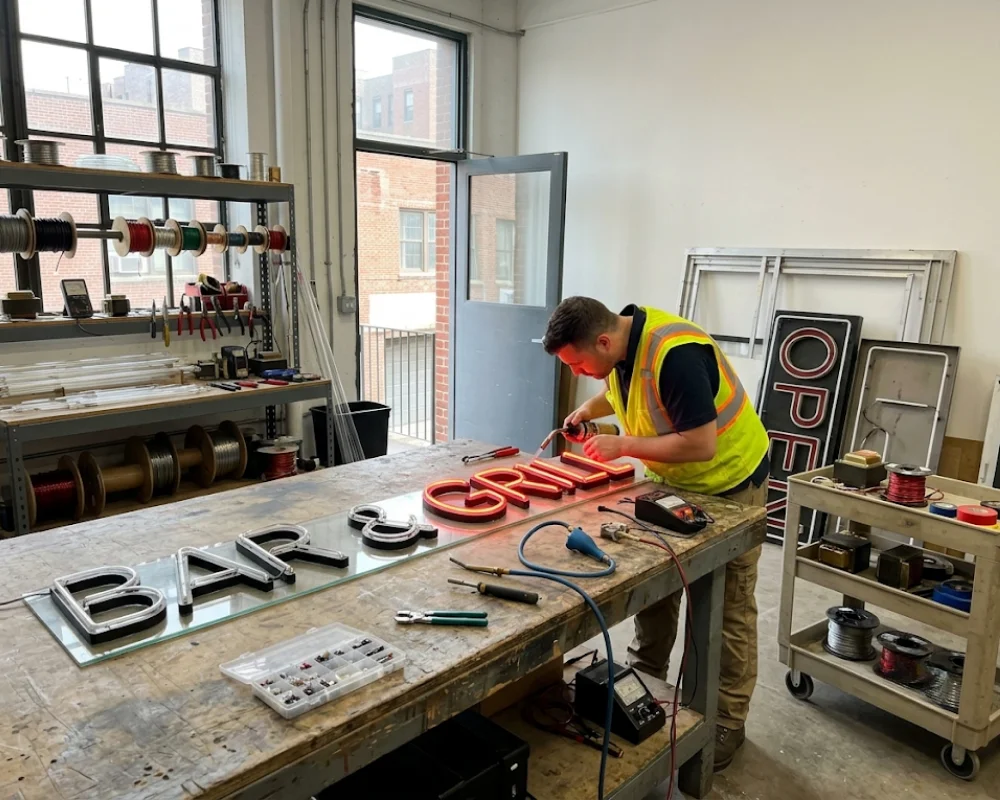 Electrical sign repair technician inspecting illuminated storefront signage